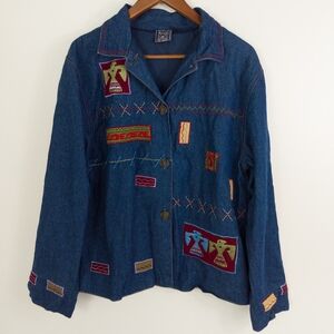 Southwestern Wool Applique Denim Chore Coat Size Medium